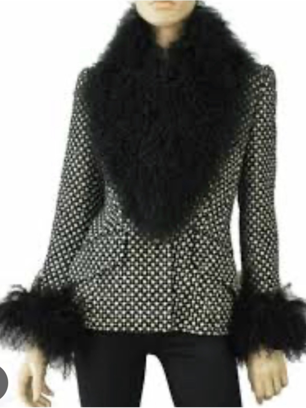Escada Black & White Patterned Pea Coat with Faux Fur Trim - Picture 5 of 5